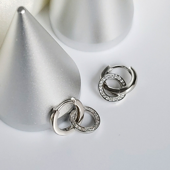 NEW 925 Sterling Silver Dangle Pave Diamond Hoop Huggie Earrings - Picture 2 of 6